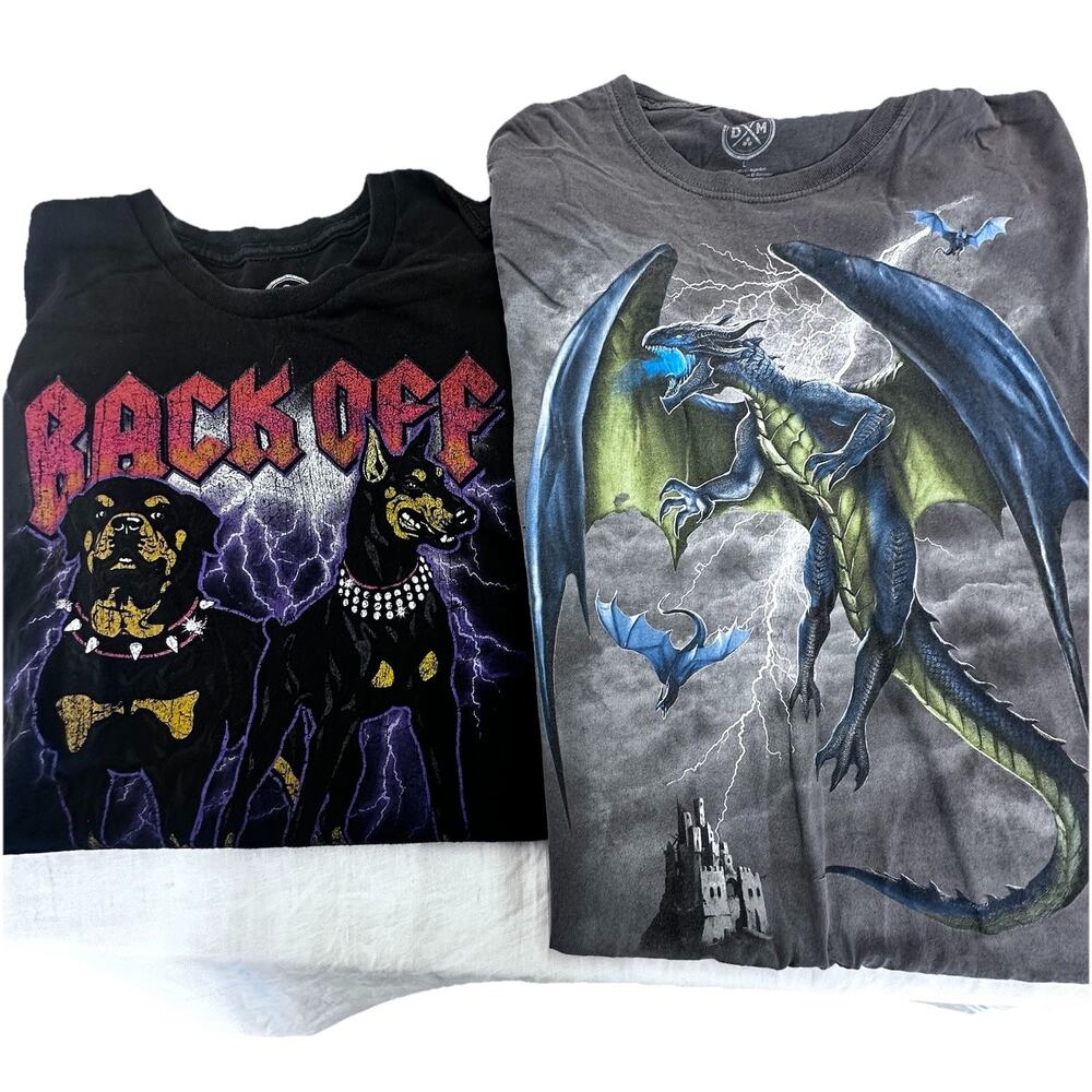 Lot Of 2 DOM graphic T-Shirts Men’s Large Dragon Dogs Grunge Streetwear Distress